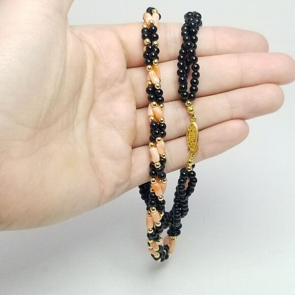 Vintage Black and Orange Multistrand Long Beaded Necklace, German Silver Clasp - Picture 2 of 6